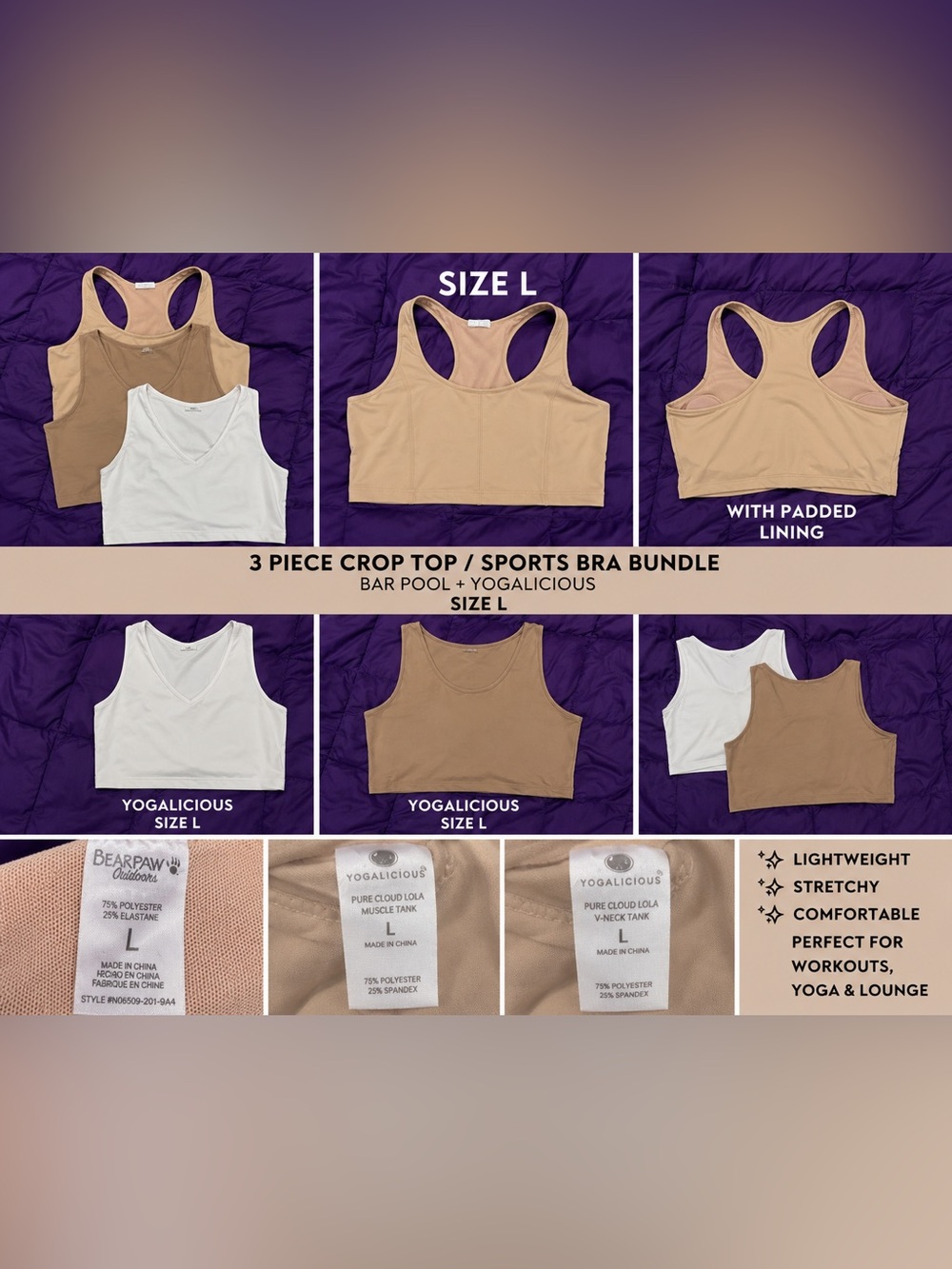 3 Piece BearPaw/Yogalicious Crop Top Sports Bra Bundle Size L